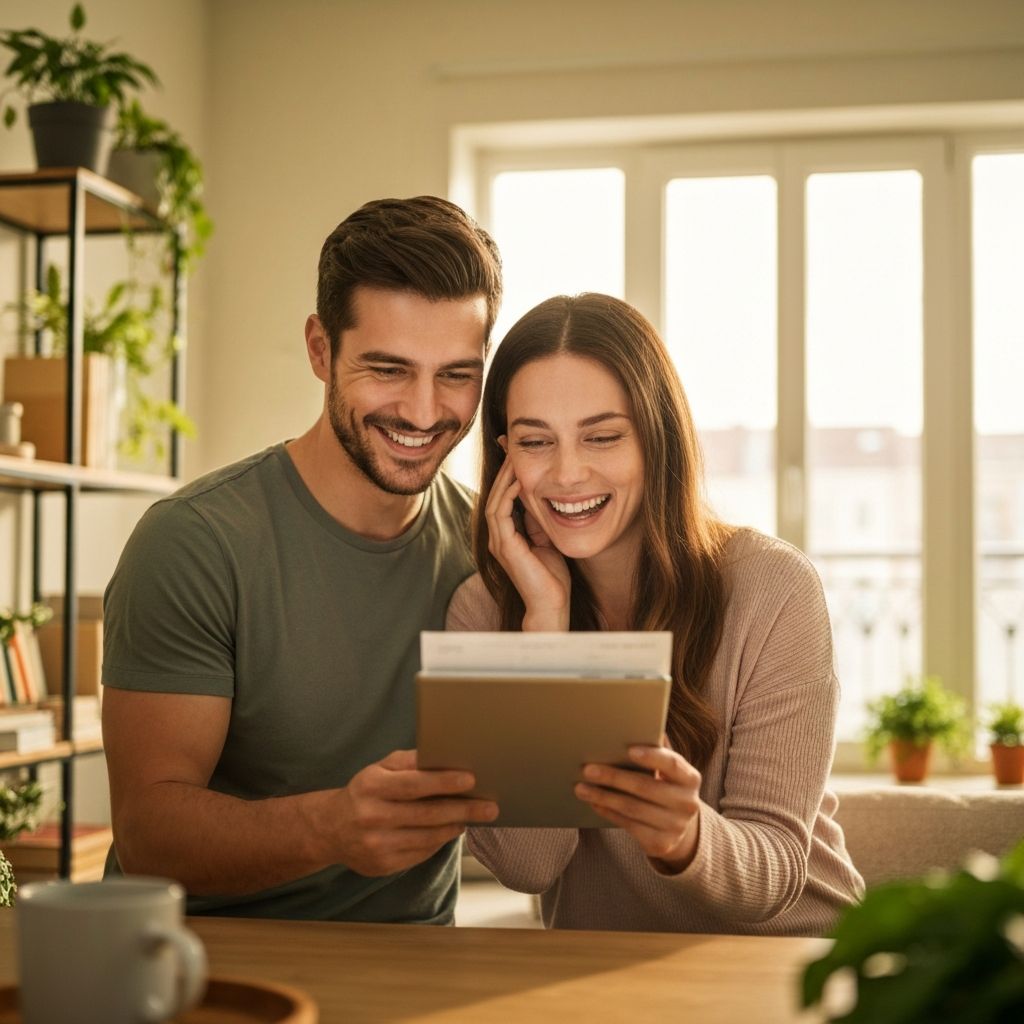 Un couple souriant vérifiant leurs économies d'énergie