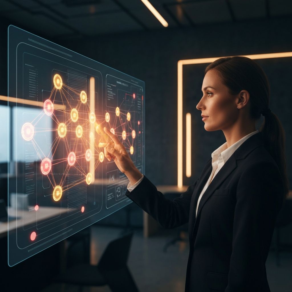 Des professionnels collaborant avec l'intelligence artificielle dans un bureau moderne